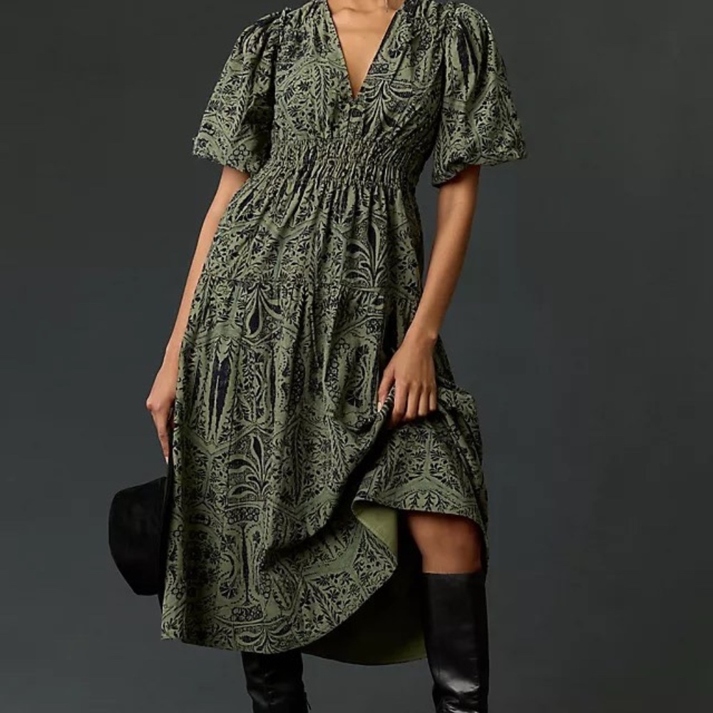 Anthropologie Pilcro Corduroy Ruched Printed Midi Dress Size L